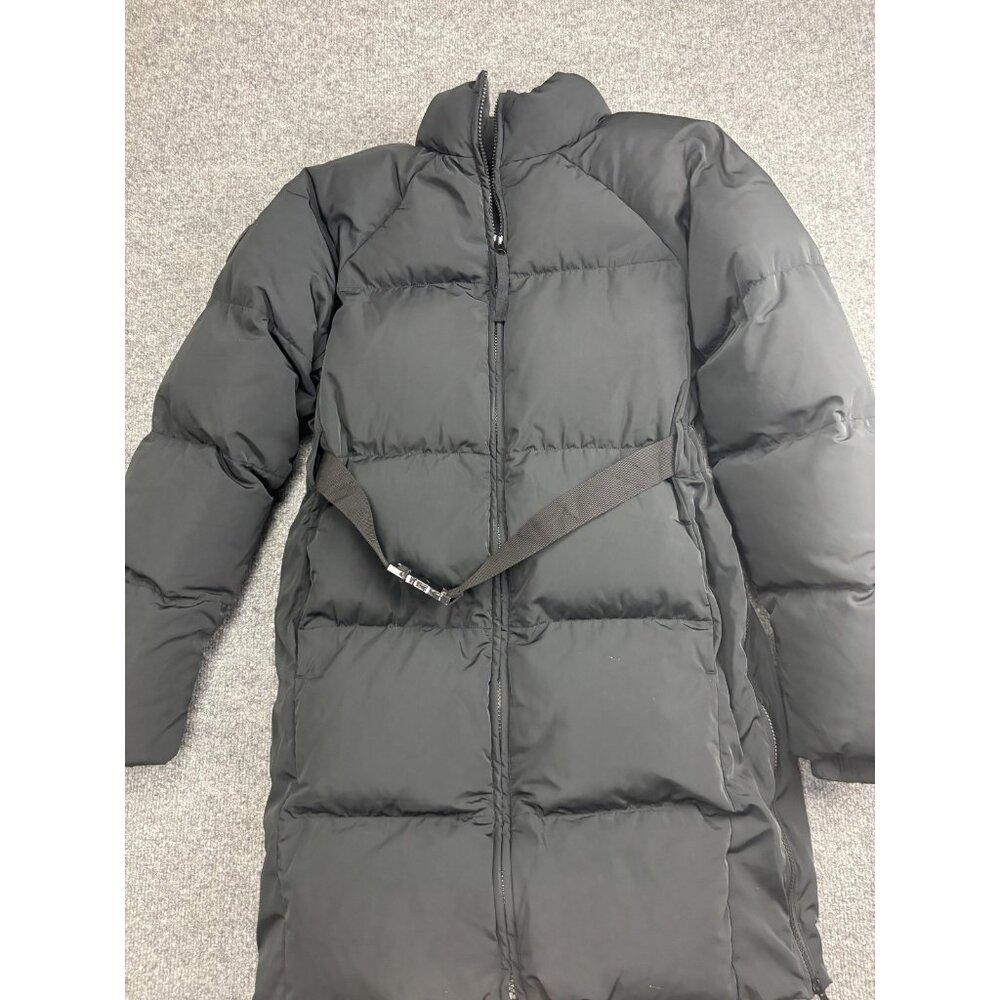 Fabletics Coat Womens Small Black Long Puffer Quilted Belted Strap Zip Pockets